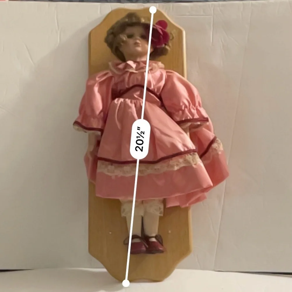 Vintage Porcelain Girl in Pink Dress Doll on Wooden Plaque Wall Decor